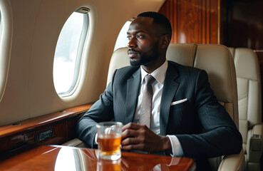 Stylish black businessman sits inside private jet enjoying a drink. Confident male executive in suit travels in luxury aeroplane. Wealthy professional contemplates his success during air flight.
