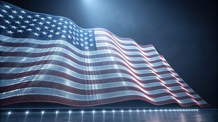 A digital representation of the American flag, flowing gracefully with illuminated details against a dark background.