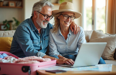 Happy elderly couple uses laptop for vacation planning. They book tickets or hotel online, sitting near open suitcase at home. Senior pair prepares for journey together.