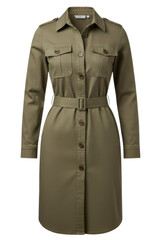 Olive green shirt dress with belt and long sleeves isolated on a transparent background