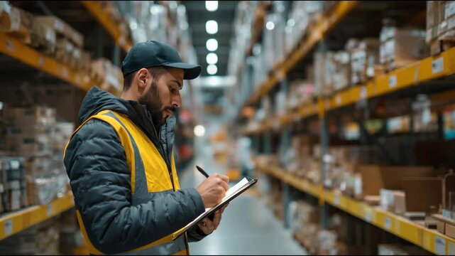 Warehouse manager taking notes on a clipboard while inspecting products on high racks in a storeroom
