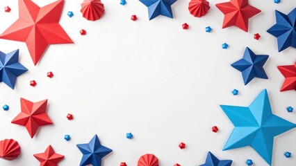 Colorful paper stars and three-dimensional decorations in red, blue, and white arranged in a festive layout on a light background.