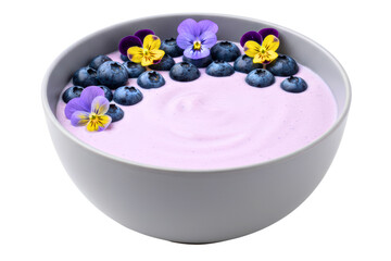 Healthy fruit smoothie bowl with blueberries and flowers isolated on a transparent background