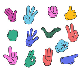 Colorful cartoon retro style character arms hands with different gestures. Flat graphic design cartoon illustration