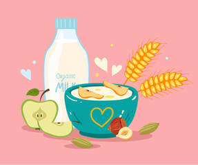 Morning breakfast porridge with milk, banana and nuts. Vector flat graphic design cartoon illustration