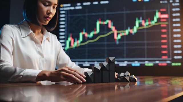 Person arranging blocks near stock market graph representing financial growth concept