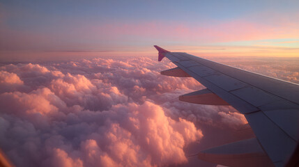 Obraz premium Airplane Wing Flying Above Clouds at Sunset Aerial View Travel and Aviation Concept
