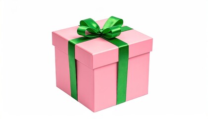 Obraz premium Pink gift box with green ribbon and bow isolated on white background.