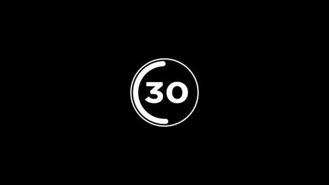 Circle countdown timer one minute animation from 60 to 0 second animation on black background with alpha channel, 60 second countdown timer, Countdown.