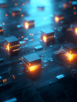 Glowing Microchips on Futuristic Circuit Board &ndash; AI Generative