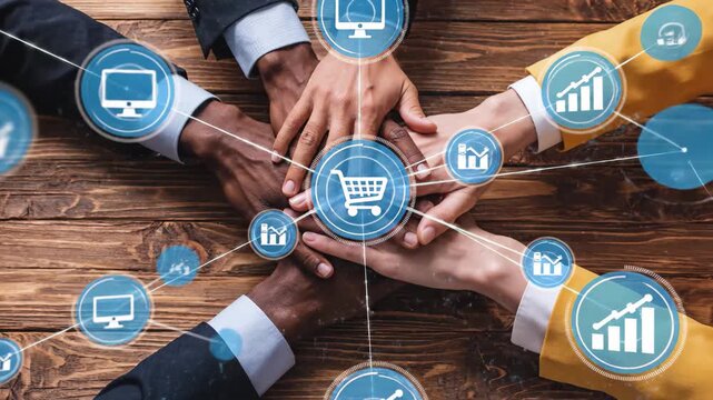 Diverse business team hands stacked together with digital commerce and technology icons