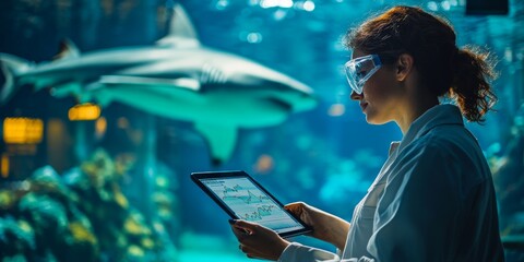 Scientist analyzing data on tablet with shark in aquarium background