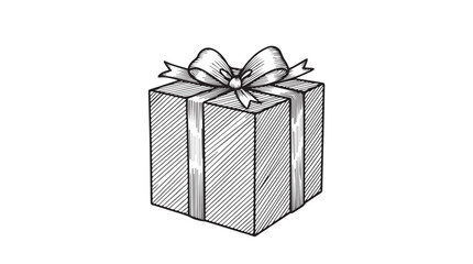 A hand drawn sketch of a rectangular gift box tied with a ribbon and a bow presented in a minimalist silhouette style