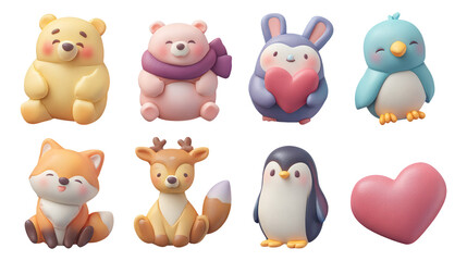 Naklejka premium Colorful 3D Plush Animals and Heart-Shaped Icons on Transparent Background