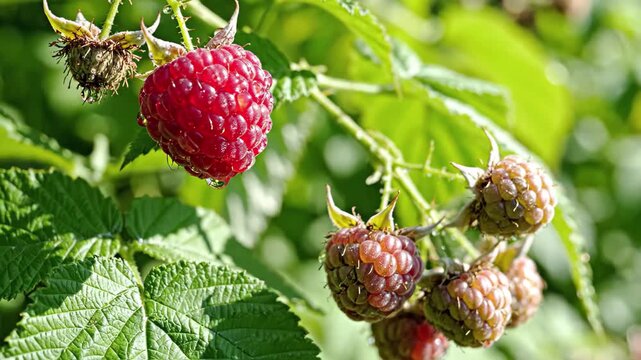 Closeup of a vibrant red ripe raspberry with water droplets and unripe berries on a green bush