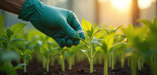 Hand in green glove examines young green plants in soil. Scientist researches crops in greenhouse laboratory. Person inspects seedlings for growth disease. Agricultural research for sustainability,