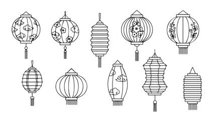 Collection of diverse traditional chinese lanterns in a hand drawn silhouette style perfect for cultural celebrations and decorations silhouette