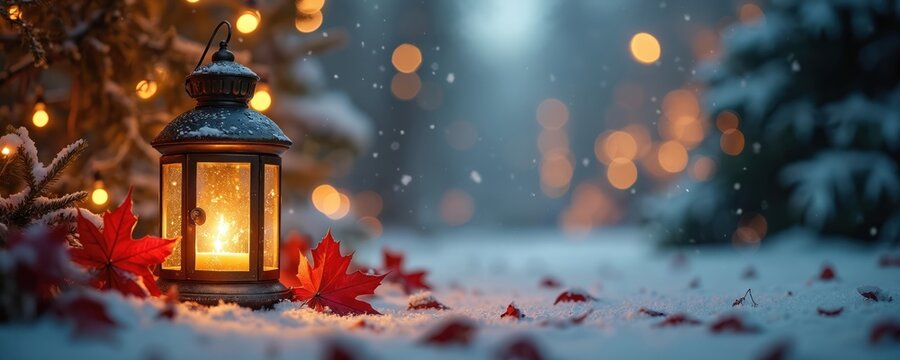 Antique style lantern with bright lit candle stands on sparkling white snow. Red maple leaves scattered around. Soft snowflakes gently fall. Bokeh holiday lights glow in deep dark winter forest