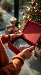 Hands holding open red gift box with sweater inside near decorated Christmas tree and wrapped presents, showcasing holiday joy.