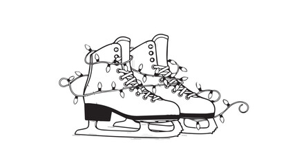 A pair of elegant ice skates with decorative swirls and leaves in a classic black and white silhouette style