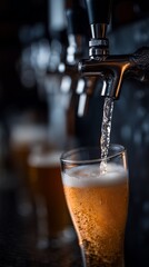 Close-up of beer tap pouring fresh draft beer into a glass at a dimly lit bar.