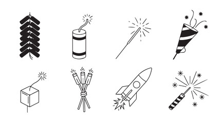Collection of hand drawn fireworks and firecrackers in a simple silhouette style for celebrations and festivals