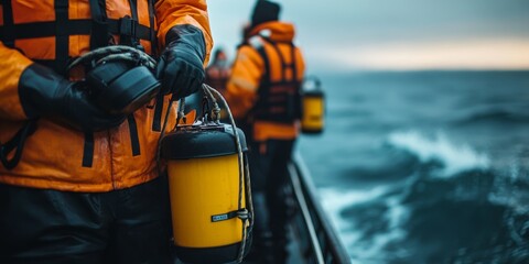 Marine biologists preparing underwater equipment for shark research on a boat