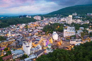 Naklejka premium Kusatsu Onsen, Gunma Prefecture, Japan at twilight. 1886
