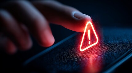 Urgent attention needed now fingertip presses glowing red warning symbol on touchscreen device signaling critical alert or potential error
