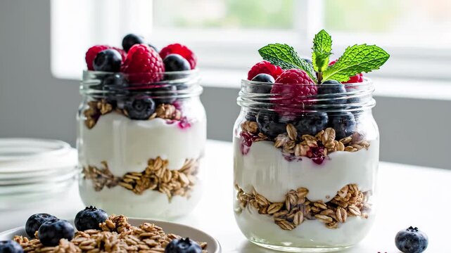 Two delicious yogurt parfaits with fresh blueberries, raspberries, and granola in glass jars, isolated on white background