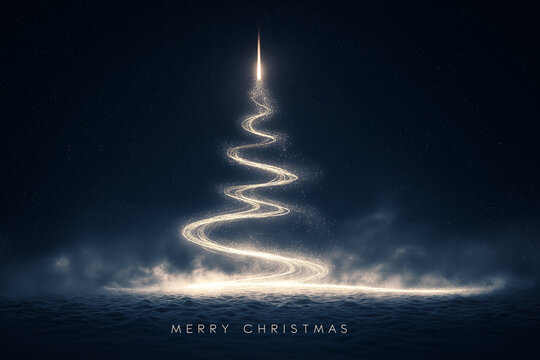 Magical falling star forming a glowing spiral Christmas tree with sparkling lights and Merry Christmas text - Powered by Adobe