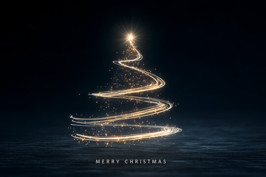 Magical falling star forming a glowing spiral Christmas tree with sparkling lights and Merry Christmas text