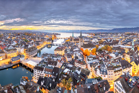 Zurich, Switzerland old town skyline over the Limmat River 1805