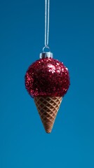 A creative combination of a red glittery Christmas ornament and waffle cone against a blue background, creating a fun illusion.