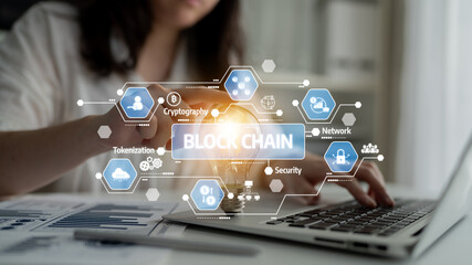 A business professional engages with blockchain technology in a modern workspace, highlighting the significance of security and innovative solutions through digital interfaces. Tessel
