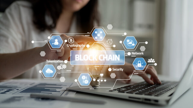 A business professional engages with blockchain technology in a modern workspace, highlighting the significance of security and innovative solutions through digital interfaces. Tessel