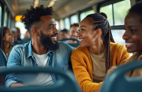 Happy multiracial couple rides a bus in a city. Passengers smile and chat during commute. Diverse people enjoy travel and urban transport together. Friends ride public transportation.
