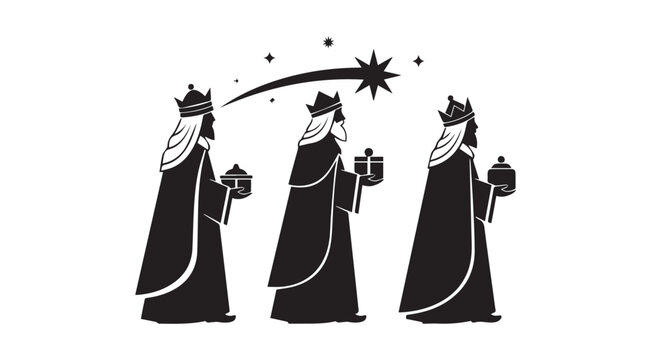 Three wise men silhouette following a shooting star on a dark background christmas nativity scene silhouette