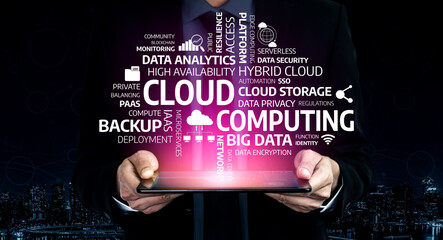 Business professional illustrates cloud computing concepts with a tablet device, showcasing data analytics, backup, and privacy regulations in a modern urban environment. Tessel