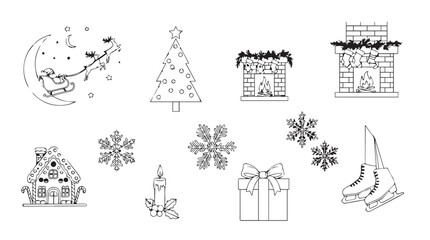 Collection of ten festive christmas holiday icons and elements in a clean minimalist line art silhouette style for seasonal design