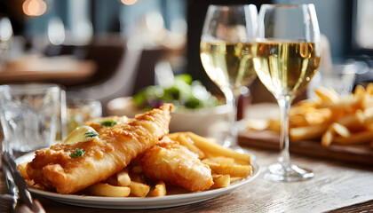 Fish and Chips Served at Restaurant Table with Wine