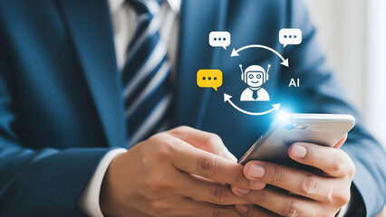 Businessman using ai chatbot on smartphone for customer service and communication