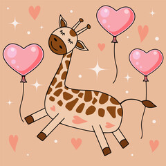 Cute Giraffe Funny Cartoon Character and Balloons