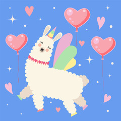 Cute Alpaca Unicorn and Balloons Flying in the Sky