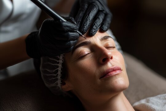 An esthetician performs microblading on a woman's eyebrows, creating precise, natural-looking results in a serene spa setting.