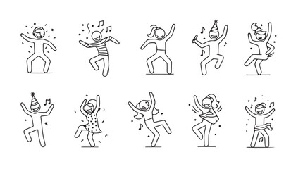 Ten playful cartoon figures in a dynamic silhouette style dancing and celebrating with confetti and musical notes silhouette