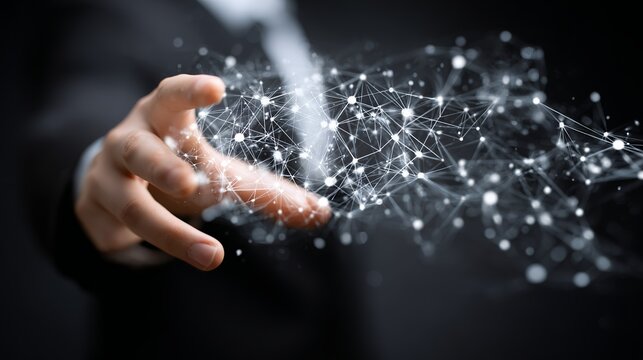 Elegant hand touching futuristic glowing network for innovation and technology solutions in the digital world, connecting global communities