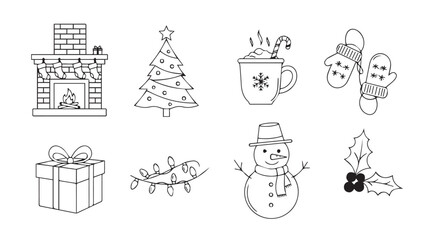 Collection of christmas holiday icons in a simple black and white line art silhouette style including a fireplace tree gift snowman and mittens