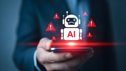 Ai robot on smartphone with red warning signs artificial intelligence concept