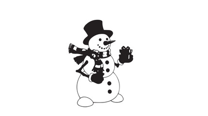 A festive snowman wearing a black top hat and a checkered scarf holding a small gift box silhouette